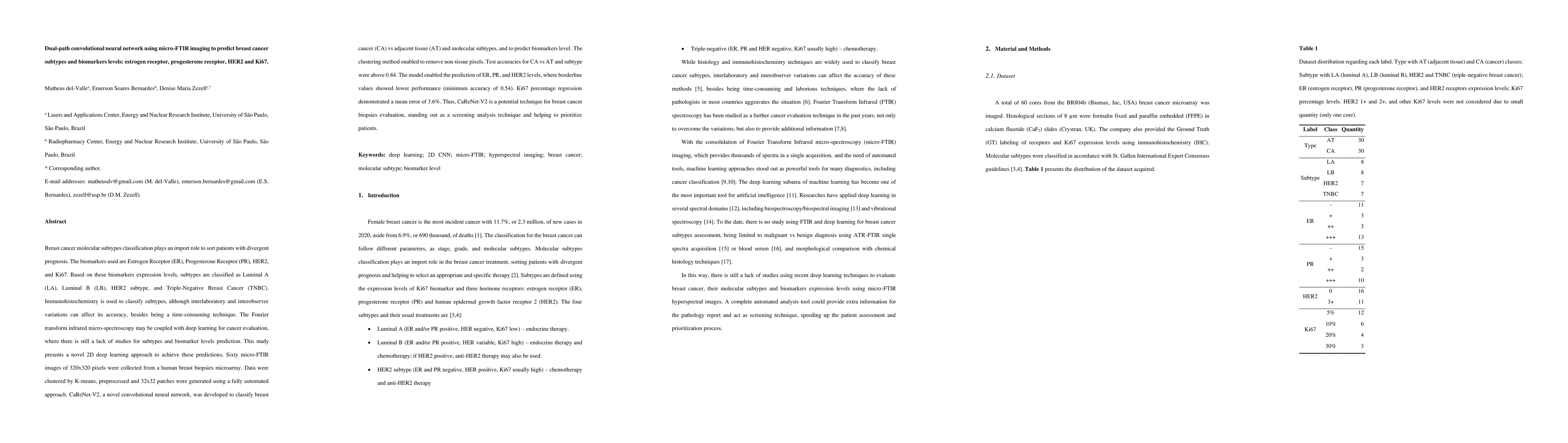 Thumbnail for Dual-path convolutional neural network using micro-FTIR imaging to
  predict breast cancer subtypes and biomarkers levels: estrogen receptor,
  progesterone receptor, HER2 and Ki67
