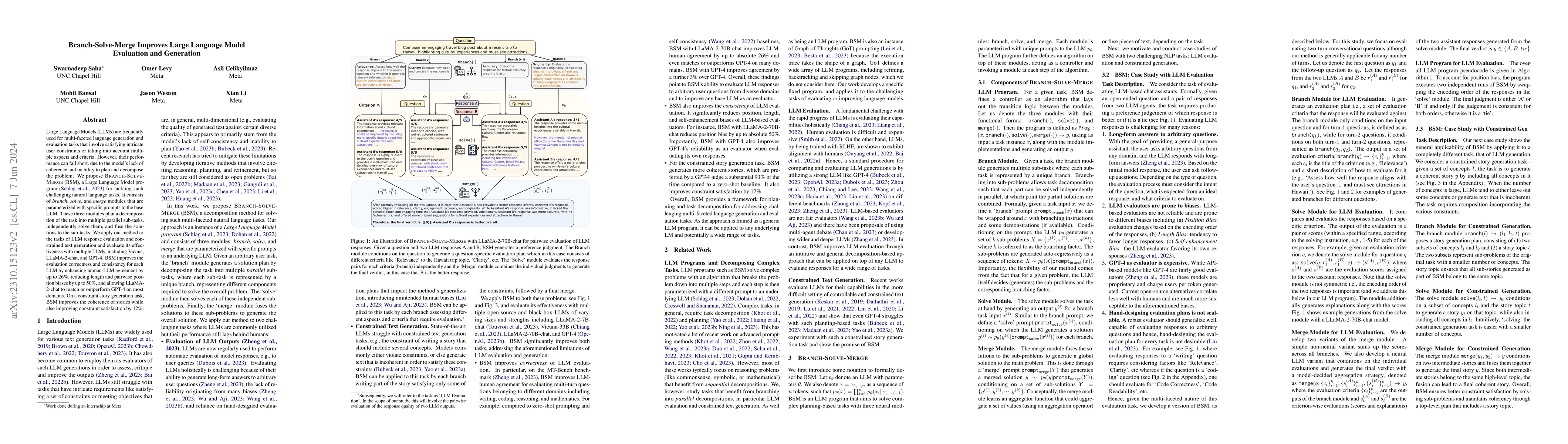 Thumbnail for Branch-Solve-Merge Improves Large Language Model Evaluation and
  Generation