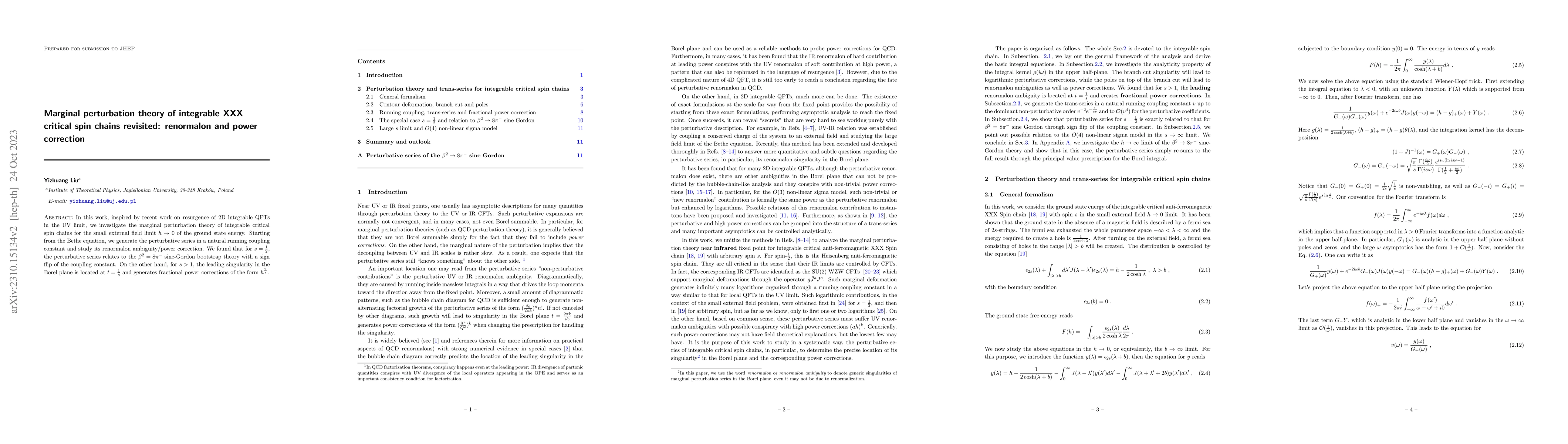 Thumbnail for Marginal perturbation theory of integrable XXX critical spin chains
  revisited: renormalon and power correction