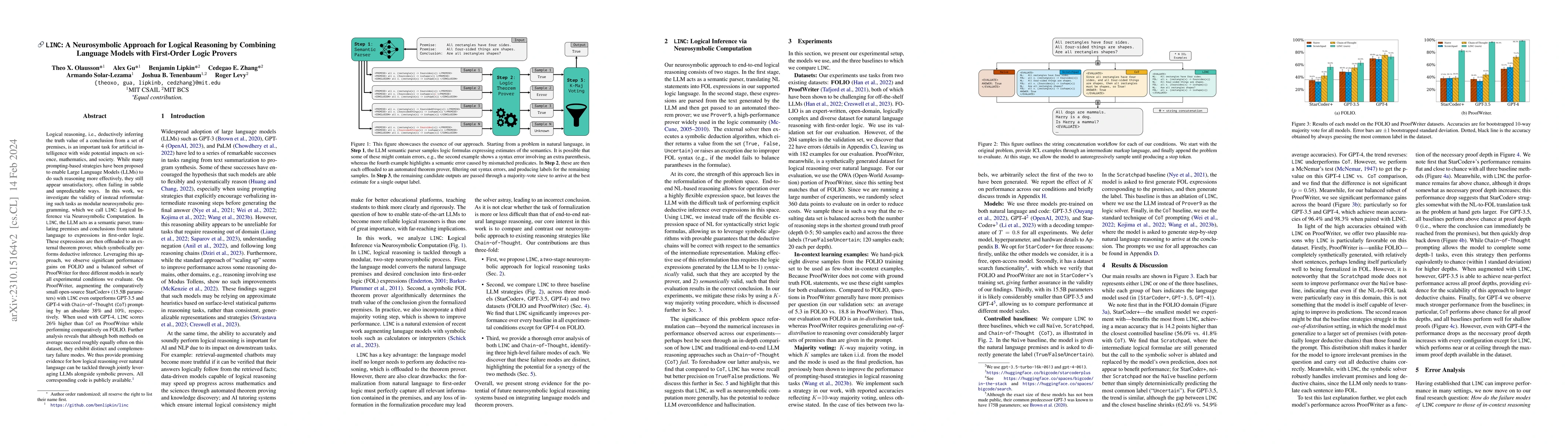 Thumbnail for LINC: A Neurosymbolic Approach for Logical Reasoning by Combining
  Language Models with First-Order Logic Provers