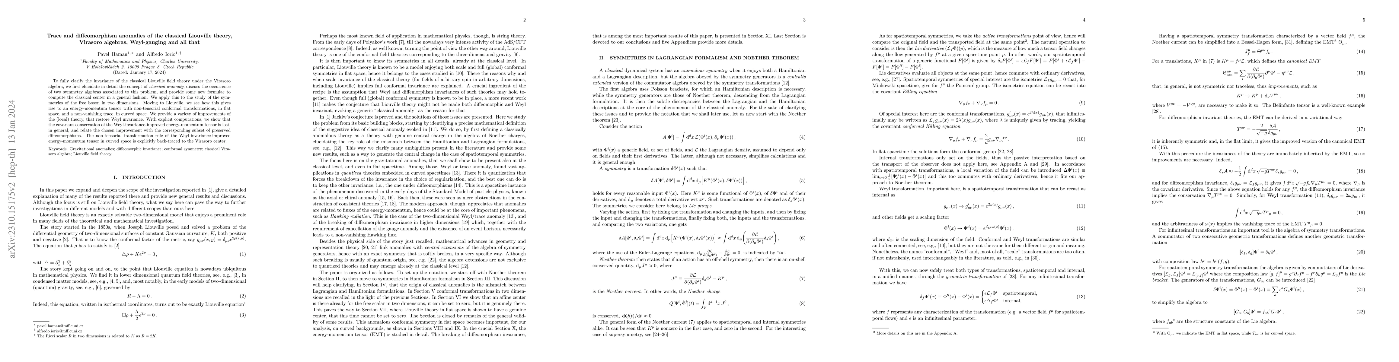 Thumbnail for Trace and diffeomorphism anomalies of the classical Liouville theory,
  Virasoro algebras, Weyl-gauging and all that