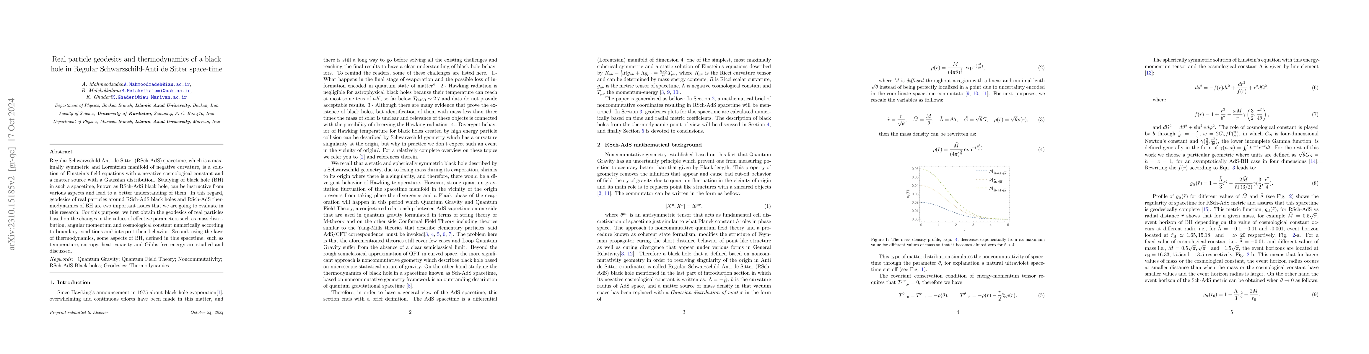 Thumbnail for Real particle geodesics and thermodynamics of a black hole in Regular
  Schwarzschild-Anti de Sitter space-time