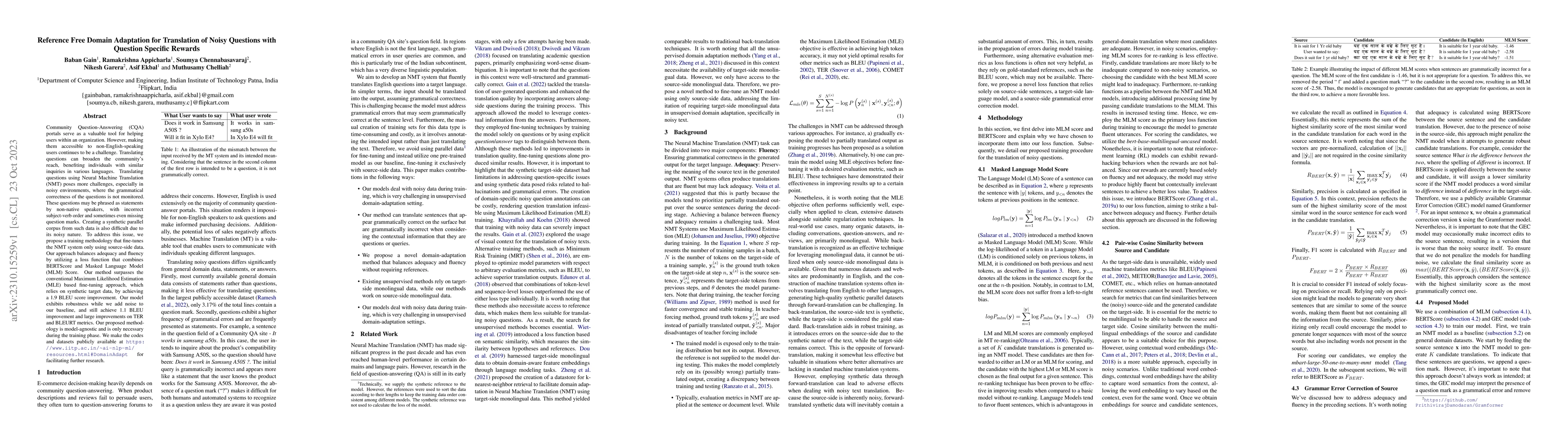 Thumbnail for Reference Free Domain Adaptation for Translation of Noisy Questions with
  Question Specific Rewards