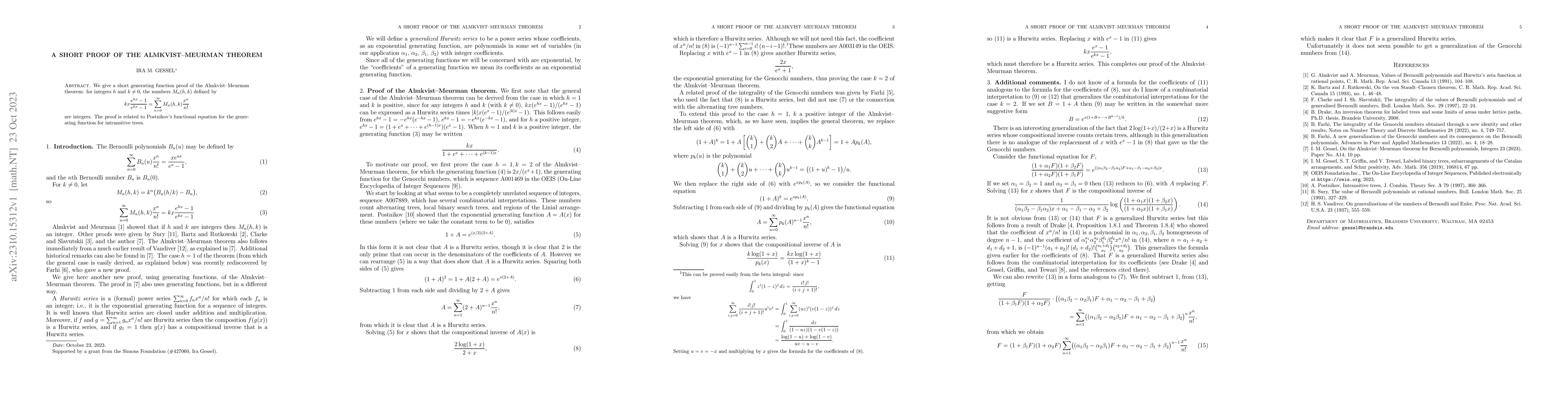 Thumbnail for A short proof of the Almkvist-Meurman theorem