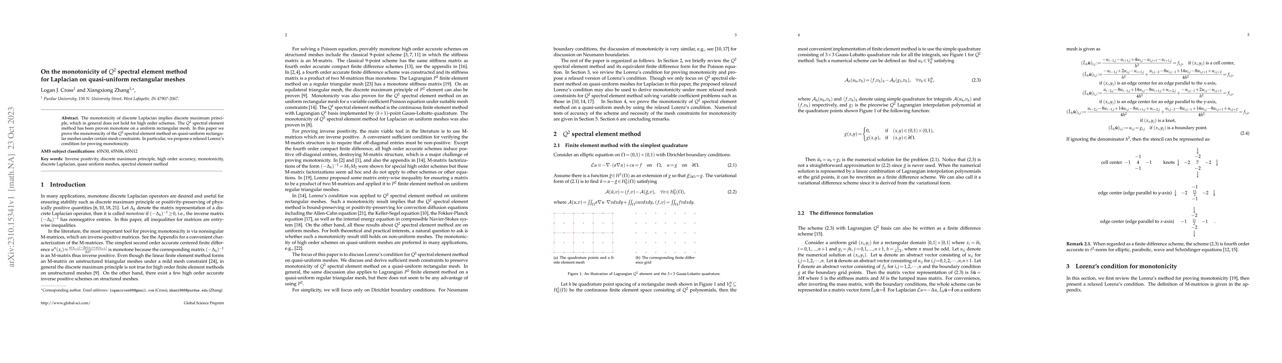 Thumbnail for On the monotonicity of $Q^2$ spectral element method for Laplacian on
  quasi-uniform rectangular meshes