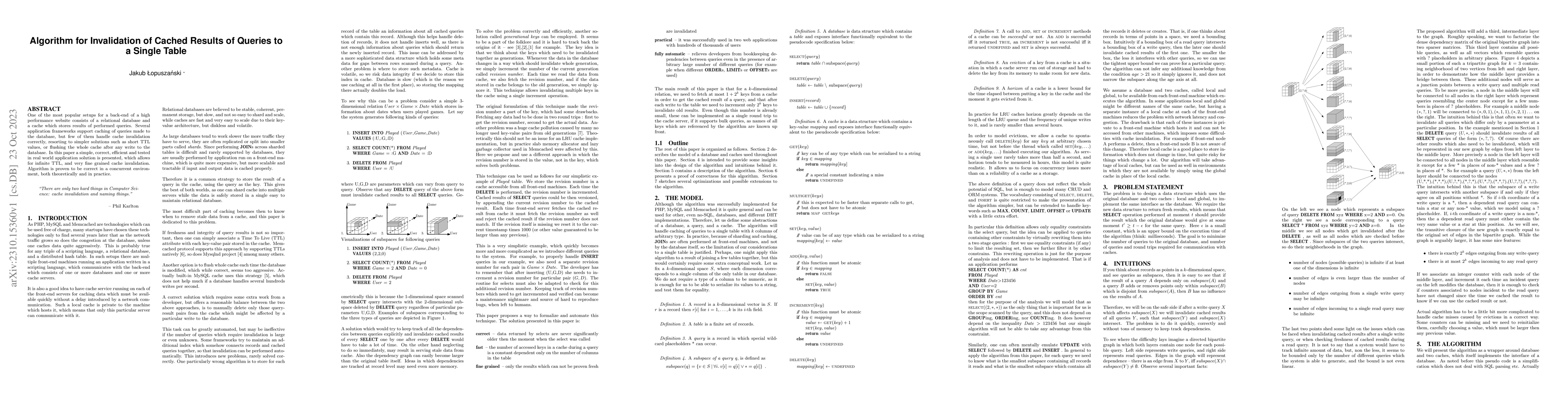 Thumbnail for Algorithm for Invalidation of Cached Results of Queries to a Single
  Table
