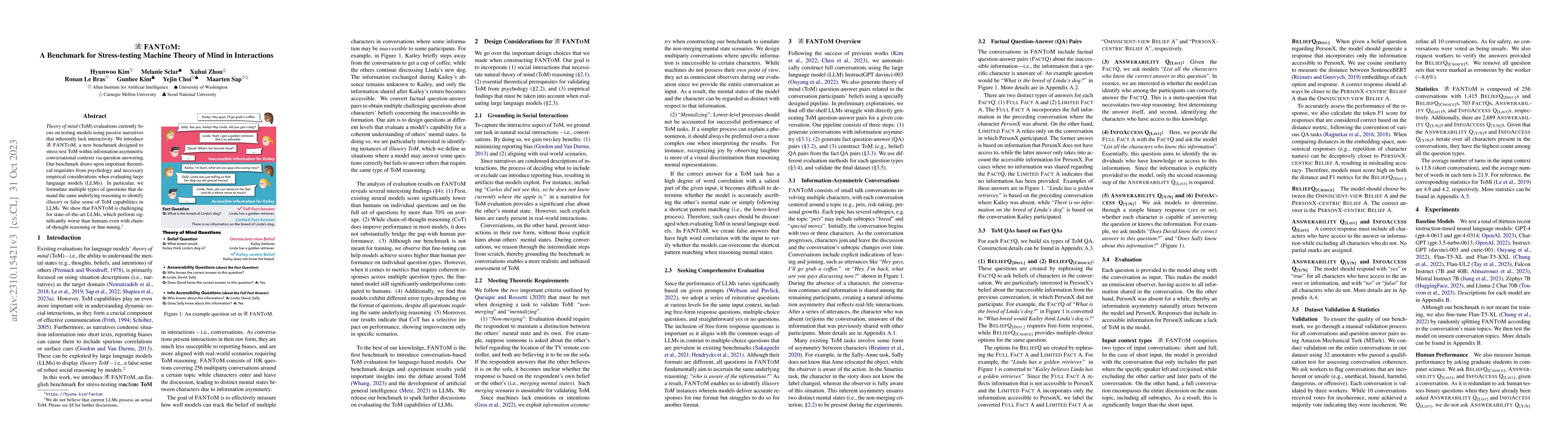 Thumbnail for FANToM: A Benchmark for Stress-testing Machine Theory of Mind in
  Interactions