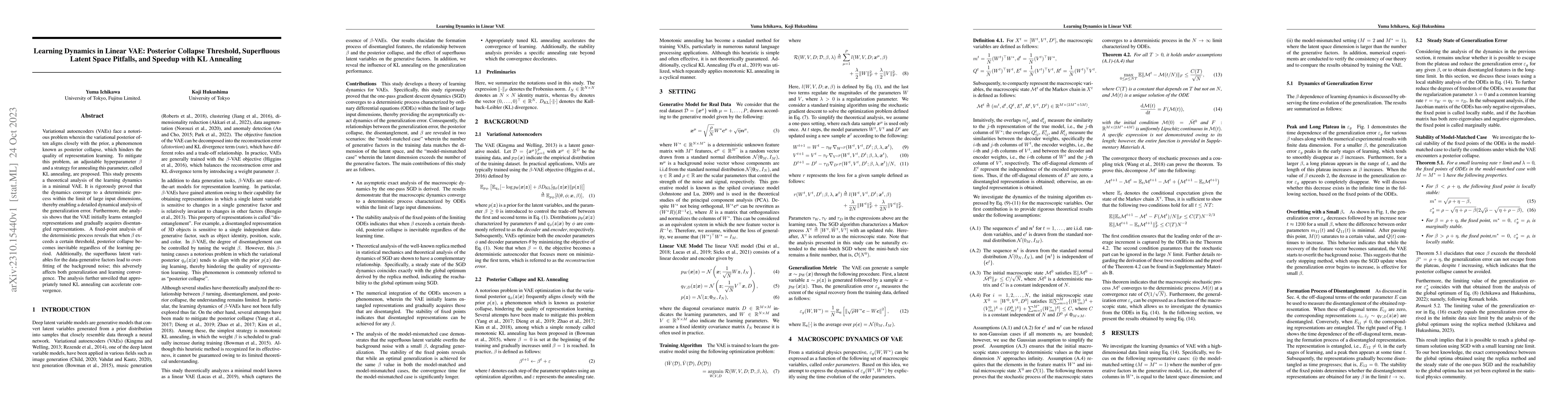 Thumbnail for Learning Dynamics in Linear VAE: Posterior Collapse Threshold,
  Superfluous Latent Space Pitfalls, and Speedup with KL Annealing