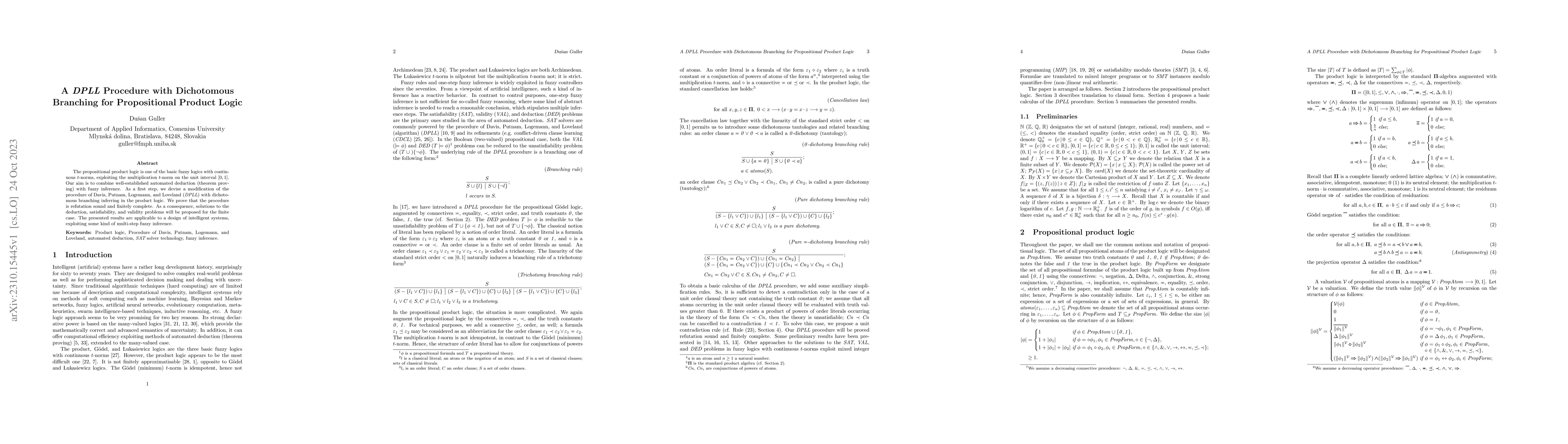 Thumbnail for A DPLL Procedure with Dichotomous Branching for Propositional Product
  Logic