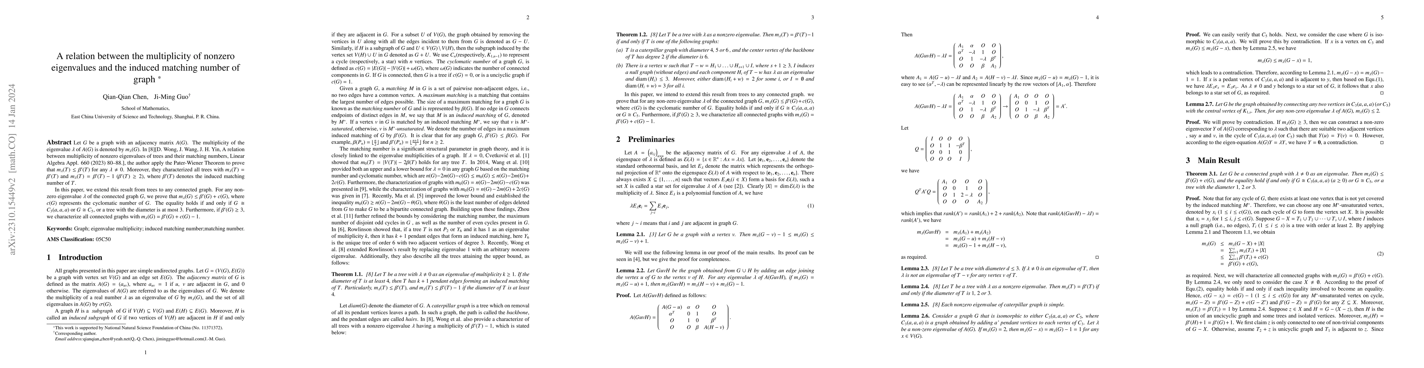 Thumbnail for A relation between multiplicity of nonzero eigenvalues and the matching
  number of graph