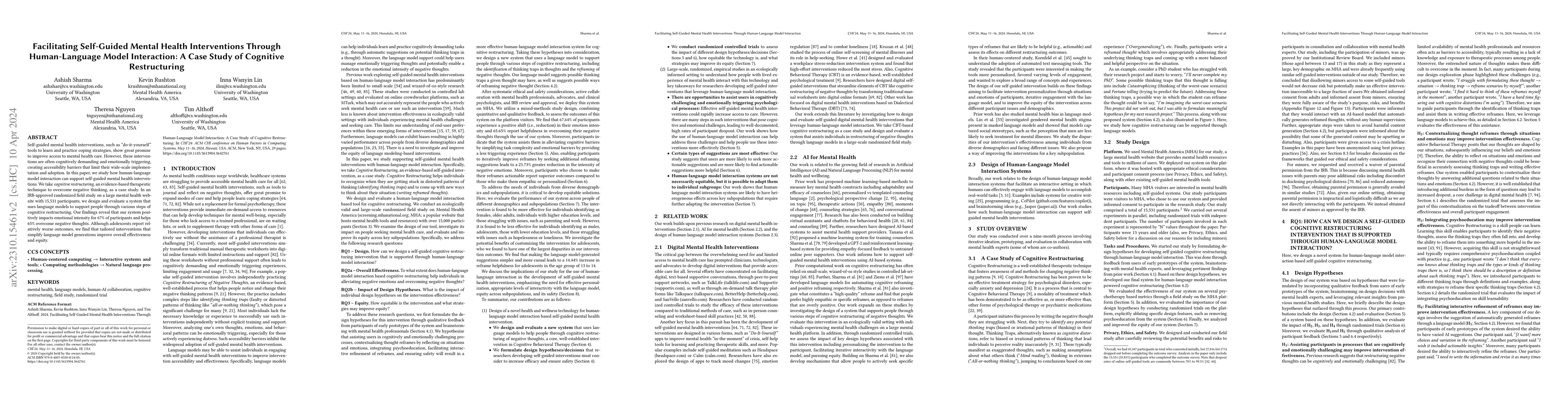 Thumbnail for Facilitating Self-Guided Mental Health Interventions Through
  Human-Language Model Interaction: A Case Study of Cognitive Restructuring