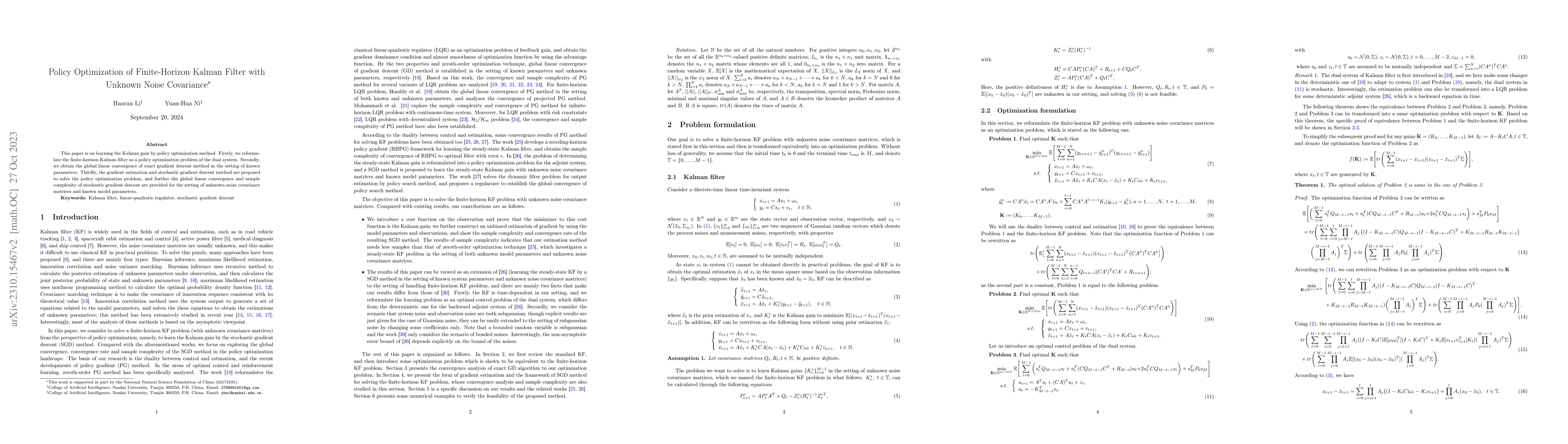Thumbnail for Policy Optimization of Finite-Horizon Kalman Filter with Unknown Noise
  Covariance