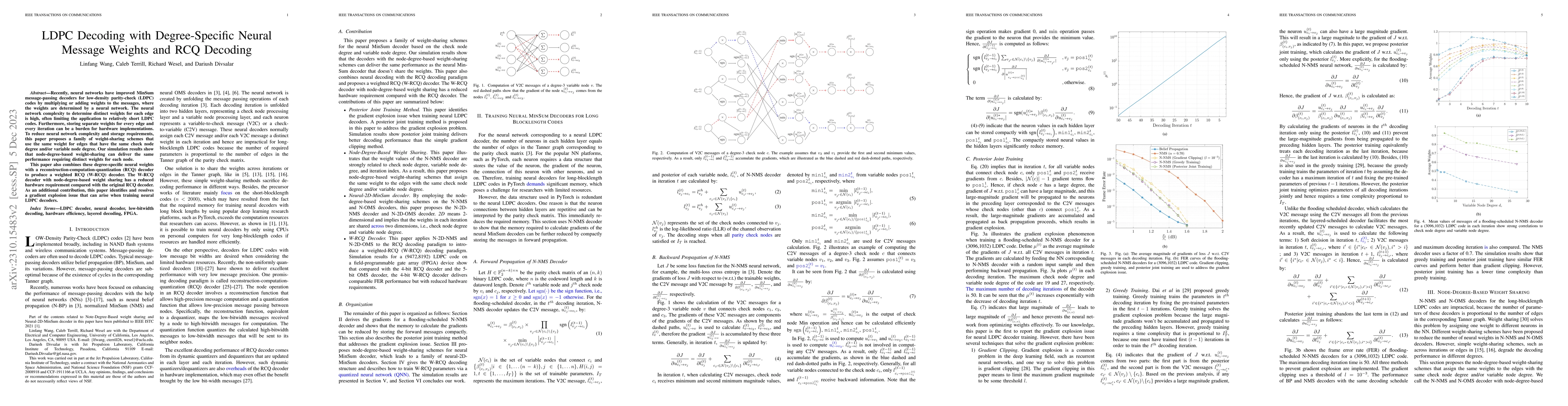 Thumbnail for LDPC Decoding with Degree-Specific Neural Message Weights and RCQ
  Decoding
