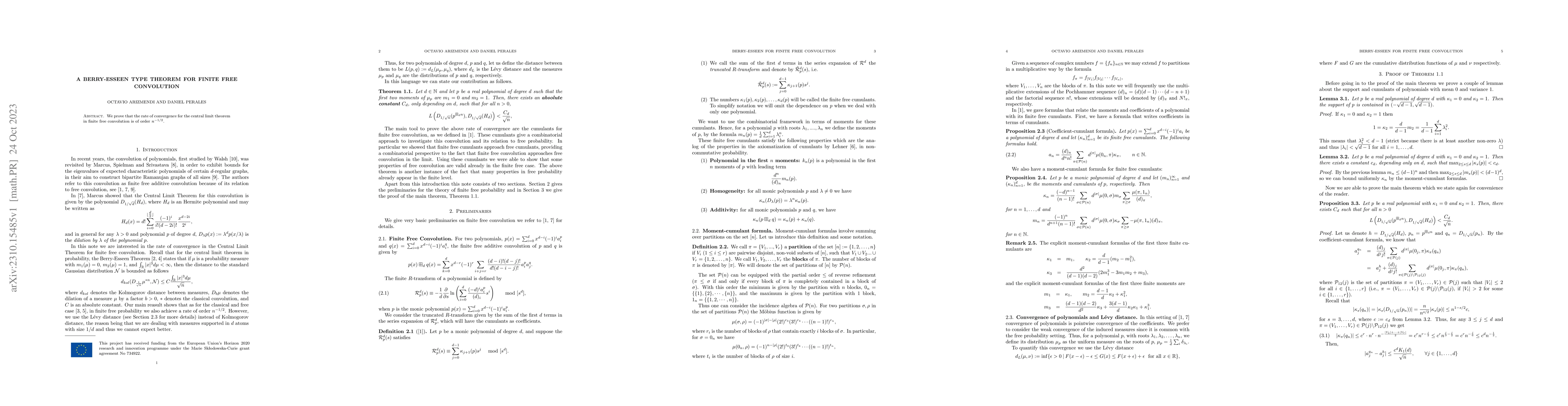Thumbnail for A Berry-Essen Type Theorem for Finite Free Convolution
