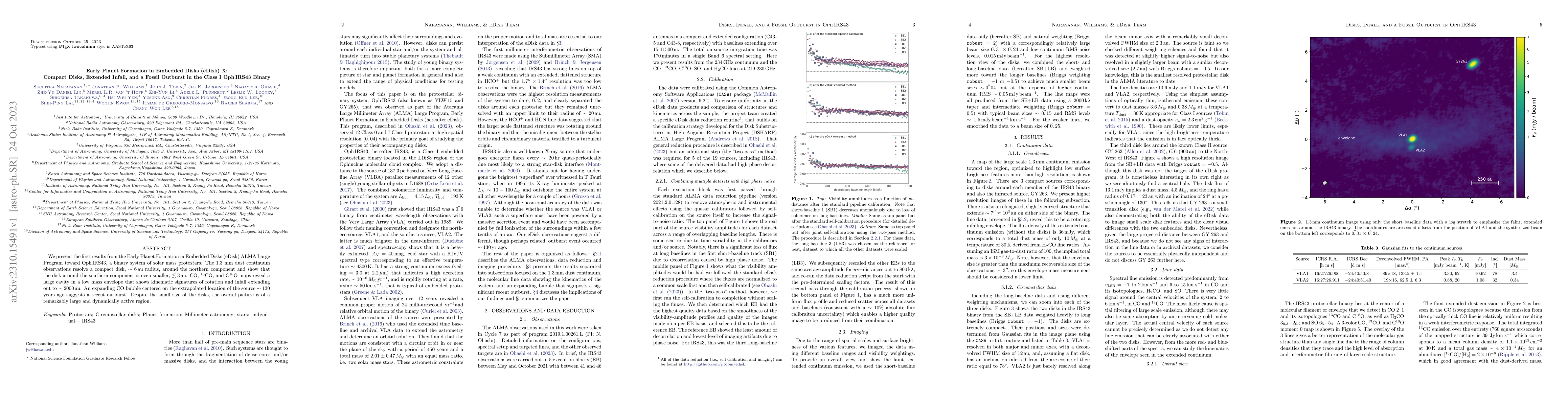Thumbnail for Early Planet Formation in Embedded Disks (eDisk) X: Compact Disks,
  Extended Infall, and a Fossil Outburst in the Class I Oph IRS43 Binary