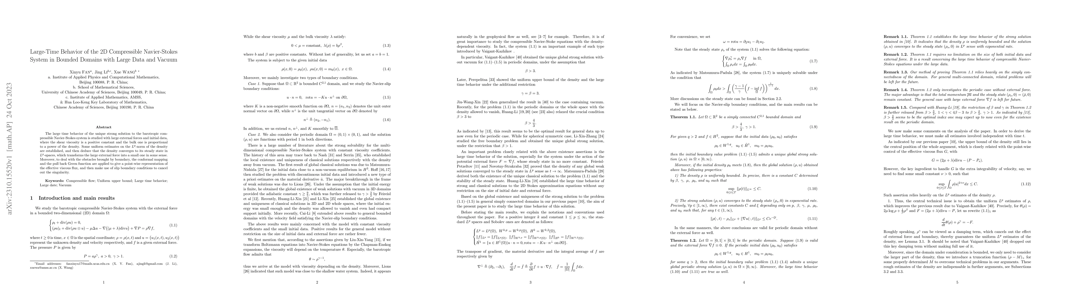 Thumbnail for Large-Time Behavior of the 2D Compressible Navier-Stokes System in
  Bounded Domains with Large Data and Vacuum