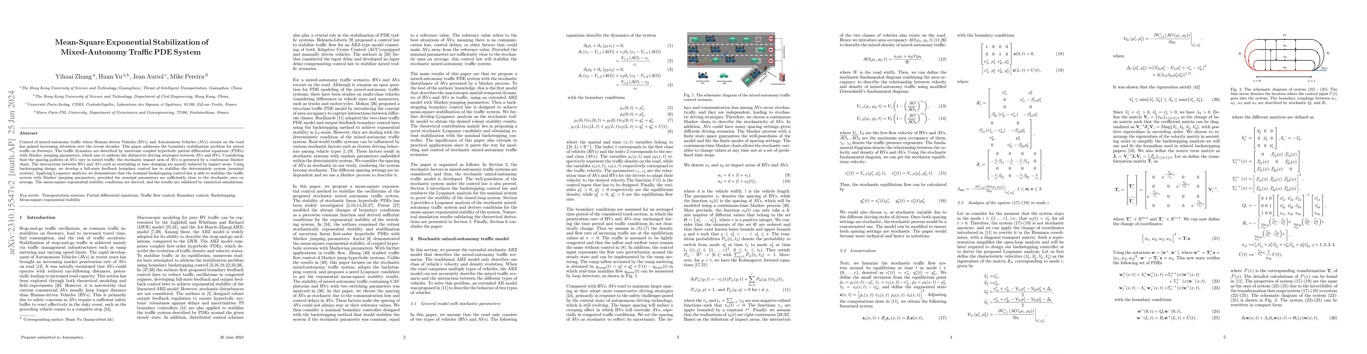 Thumbnail for Mean-Square Exponential Stabilization of Mixed-Autonomy Traffic PDE
  System