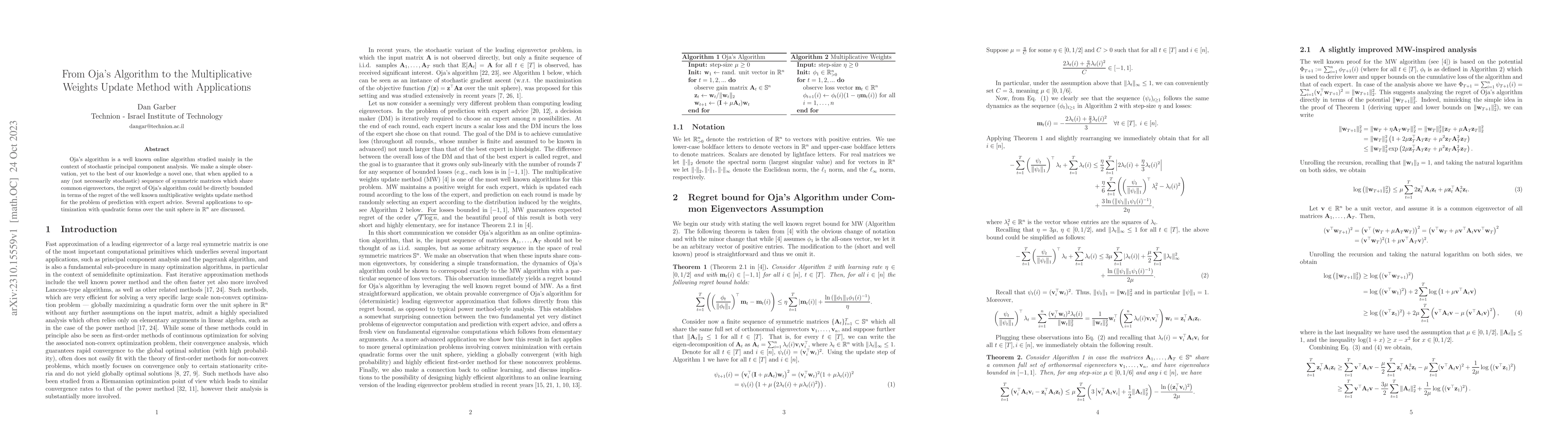 Thumbnail for From Oja's Algorithm to the Multiplicative Weights Update Method with
  Applications