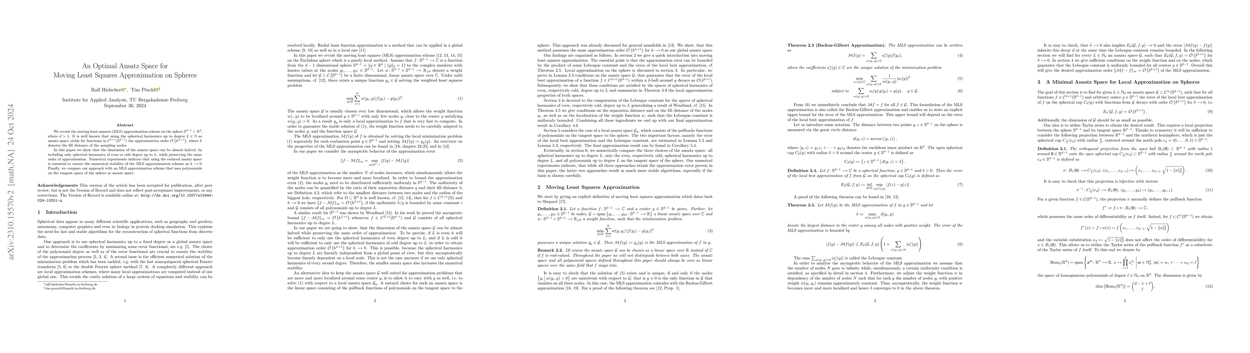 Thumbnail for An Optimal Ansatz Space for Moving Least Squares Approximation on
  Spheres