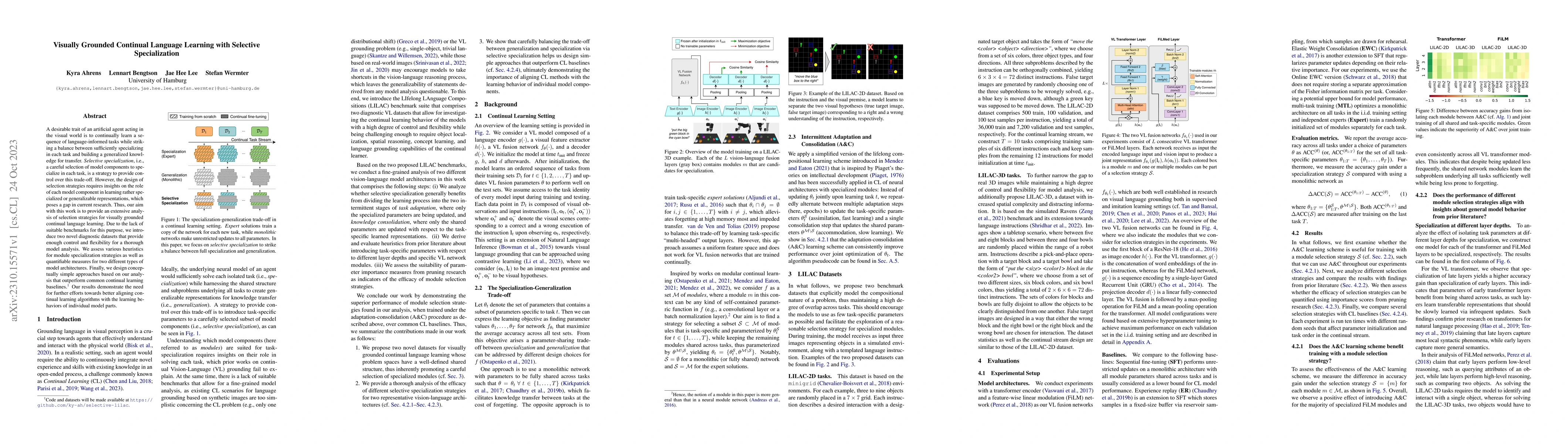 Thumbnail for Visually Grounded Continual Language Learning with Selective
  Specialization