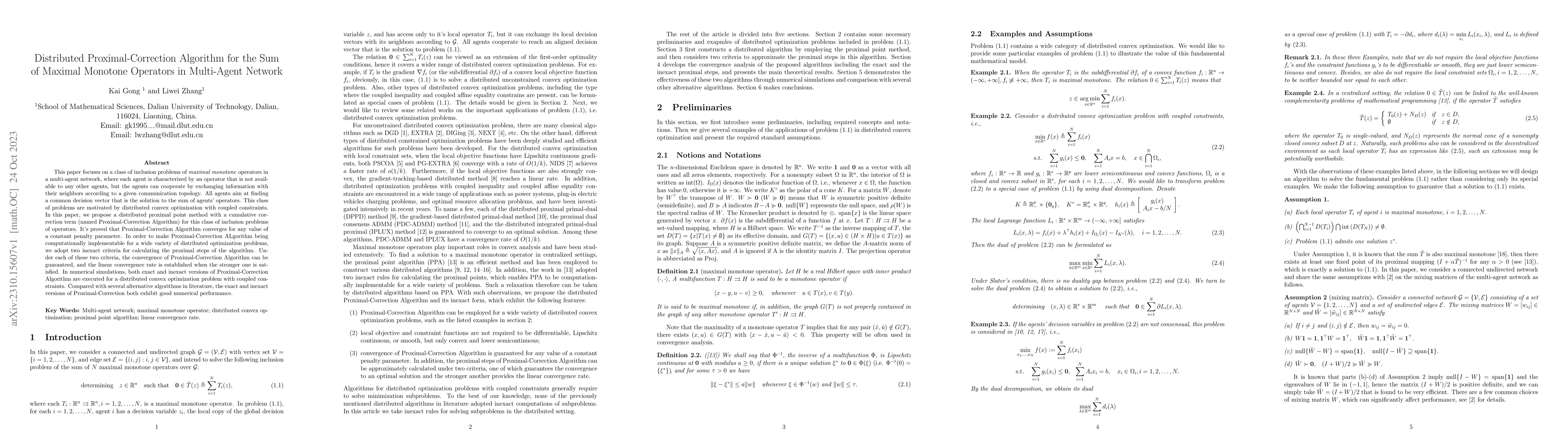 Thumbnail for Distributed Proximal-Correction Algorithm for the Sum of Maximal
  Monotone Operators in Multi-Agent Network