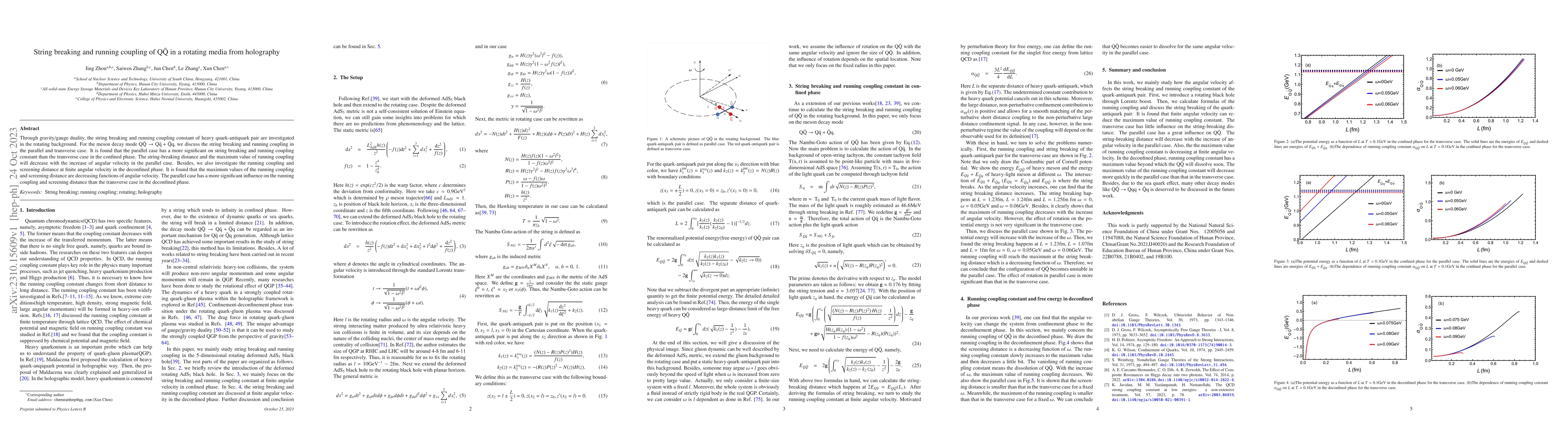 Thumbnail for String breaking and running coupling of $\rm Q\bar{Q}$ in a rotating
  media from holography