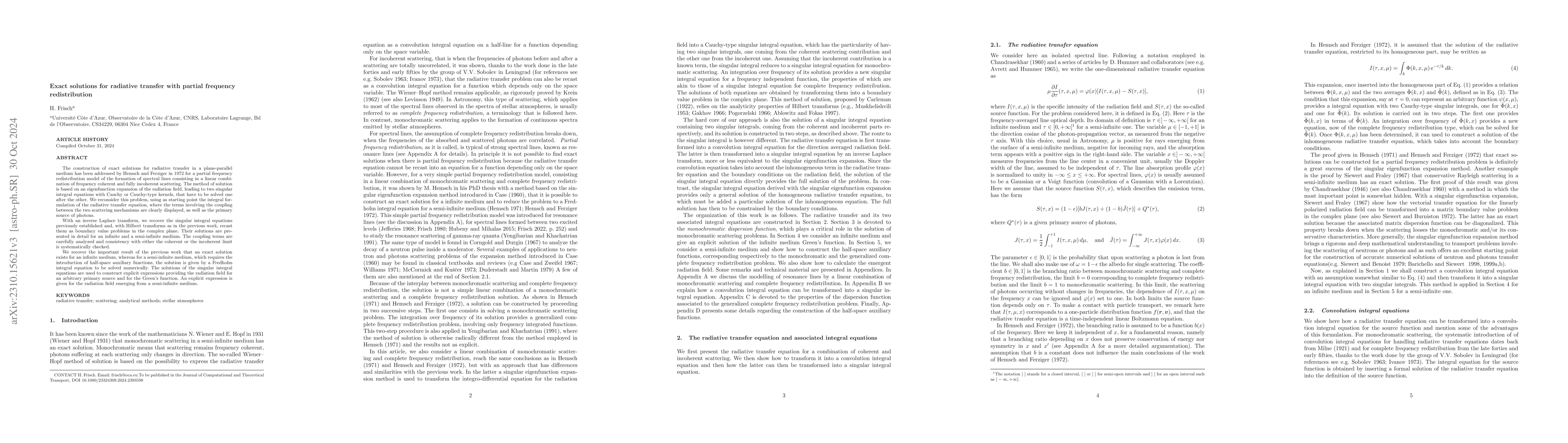 Thumbnail for Exact solutions for radiative transfer with partial frequency
  redistribution