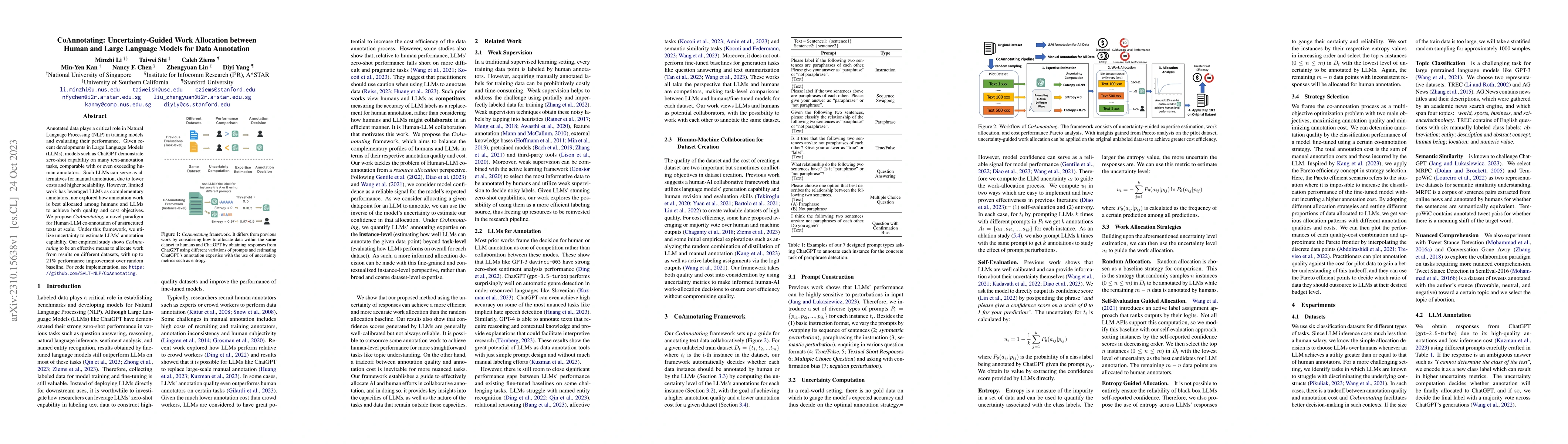 Thumbnail for CoAnnotating: Uncertainty-Guided Work Allocation between Human and Large
  Language Models for Data Annotation