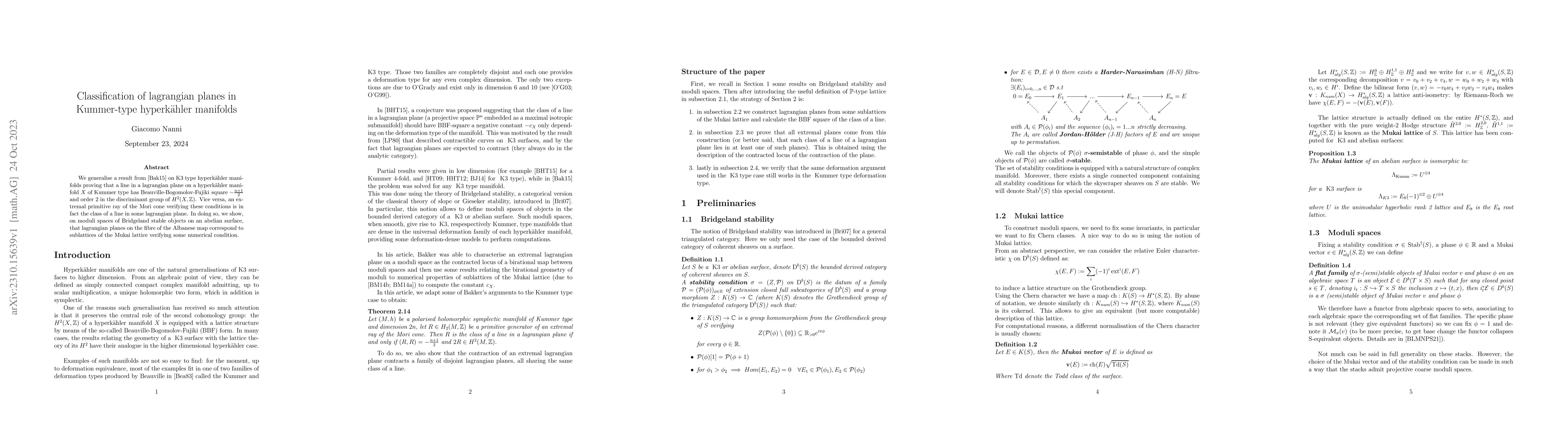 Thumbnail for Classification of lagrangian planes in Kummer-type hyperk\"ahler
  manifolds