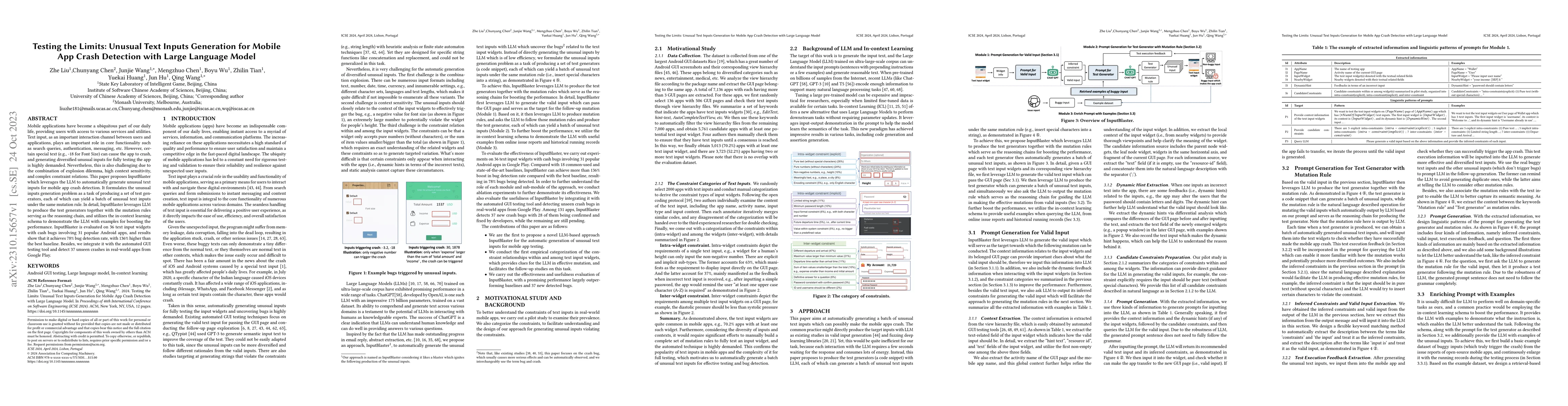 Thumbnail for Testing the Limits: Unusual Text Inputs Generation for Mobile App Crash
  Detection with Large Language Model
