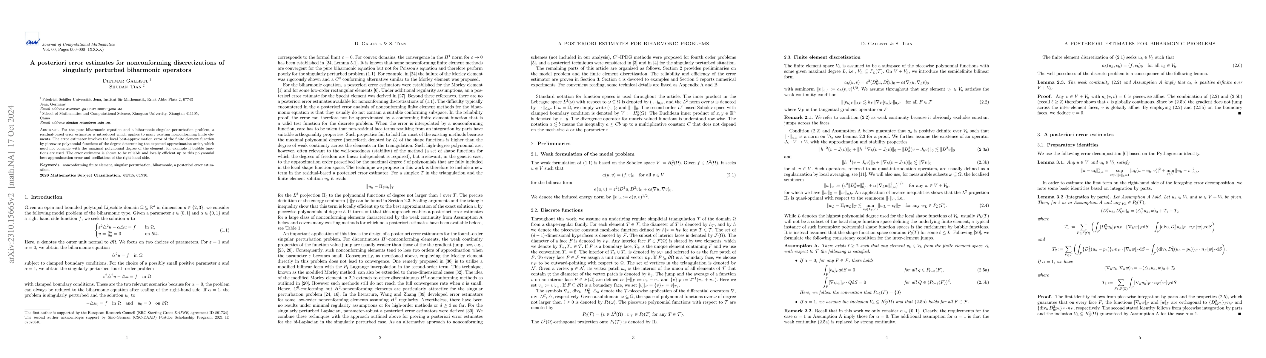 Thumbnail for A posteriori error estimates for nonconforming discretizations of
  singularly perturbed biharmonic operators