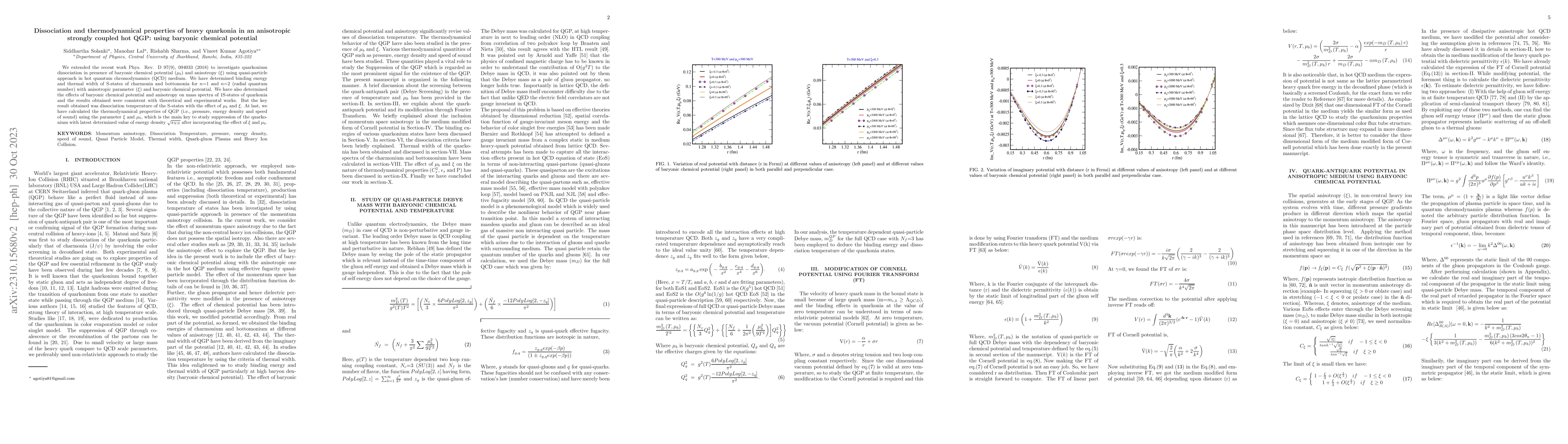 Thumbnail for Dissociation and thermodynamical properties of heavy quarkonia in an
  anisotropic strongly coupled hot QGP: using baryonic chemical potential