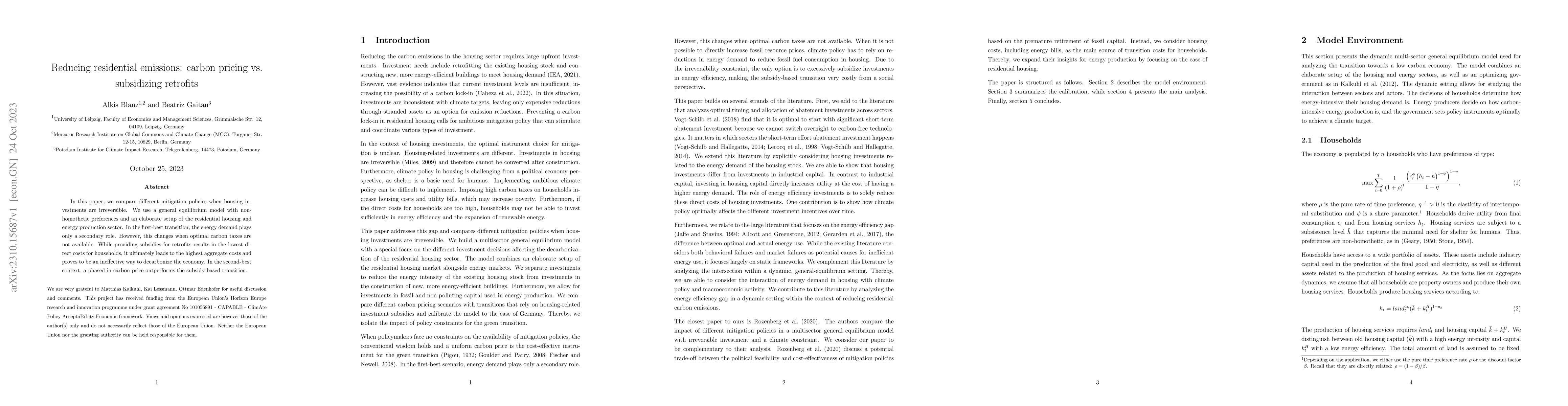 Thumbnail for Reducing residential emissions: carbon pricing vs. subsidizing retrofits