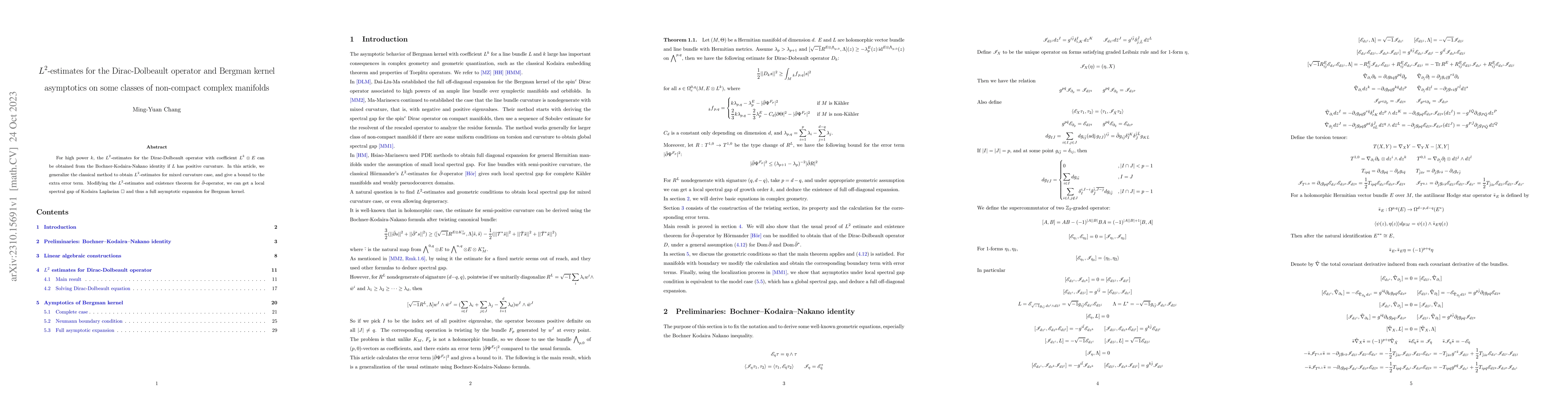 Thumbnail for $L^2$-estimates for the Dirac-Dolbeault operator and Bergman kernel
  asymptotics on some classes of non-compact complex manifolds