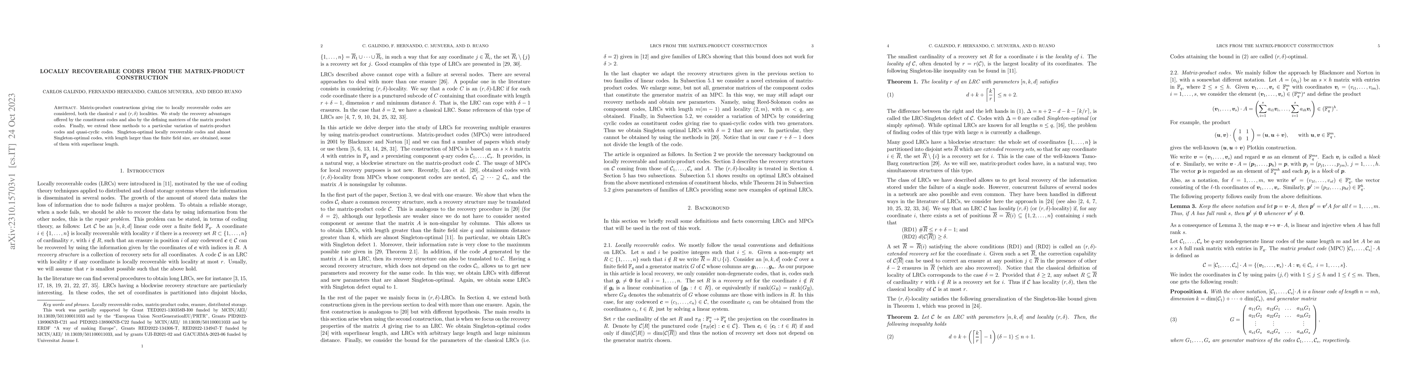 Thumbnail for Locally recoverable codes from the matrix-product construction