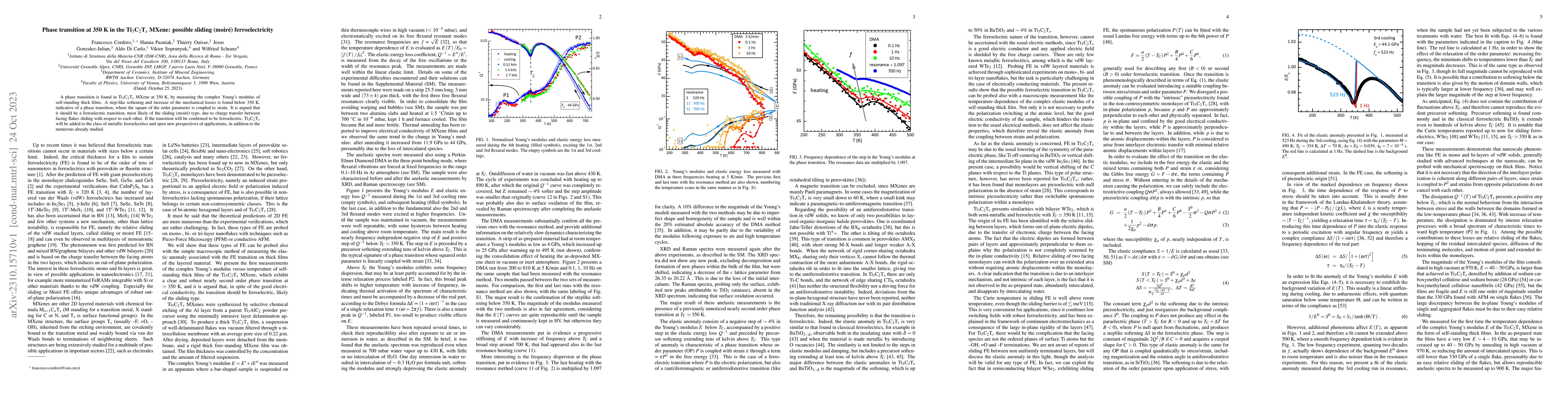 Thumbnail for Phase transition at 350 K in the Ti$_3$C$_2$T$_x$ MXene: possible
  sliding (moir\'e) ferroelectricity
