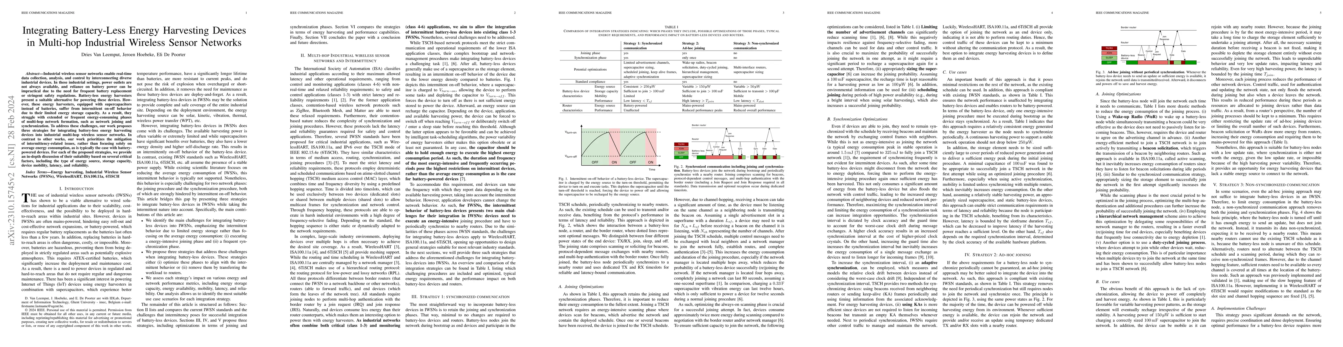 Thumbnail for Integrating Battery-Less Energy Harvesting Devices in Multi-hop
  Industrial Wireless Sensor Networks