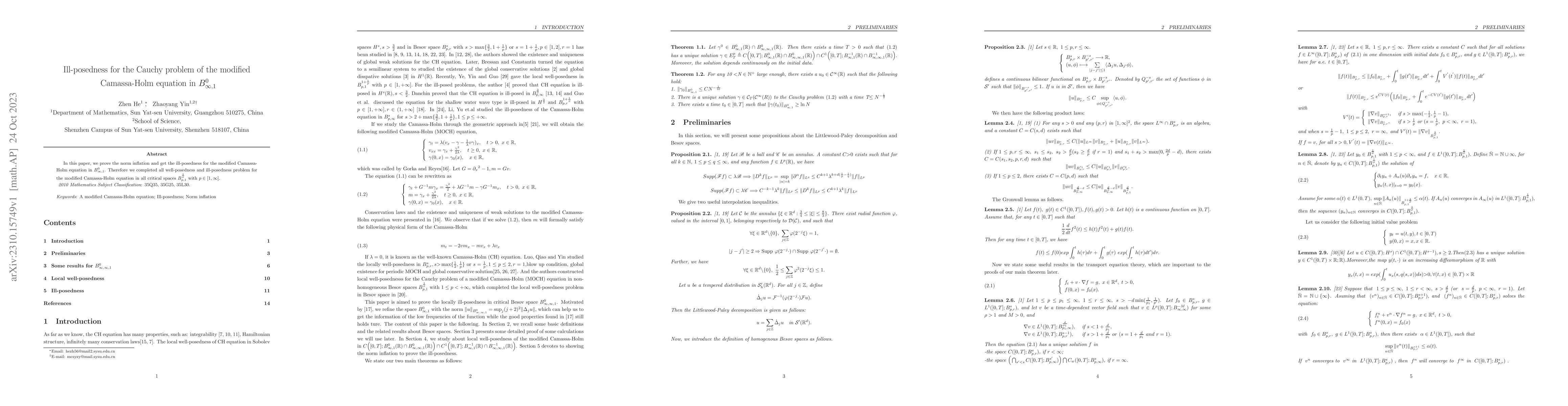 Thumbnail for Ill-posedness for the Cauchy problem of the modified Camassa-Holm
  equation in $B^0_{\infty,1}$