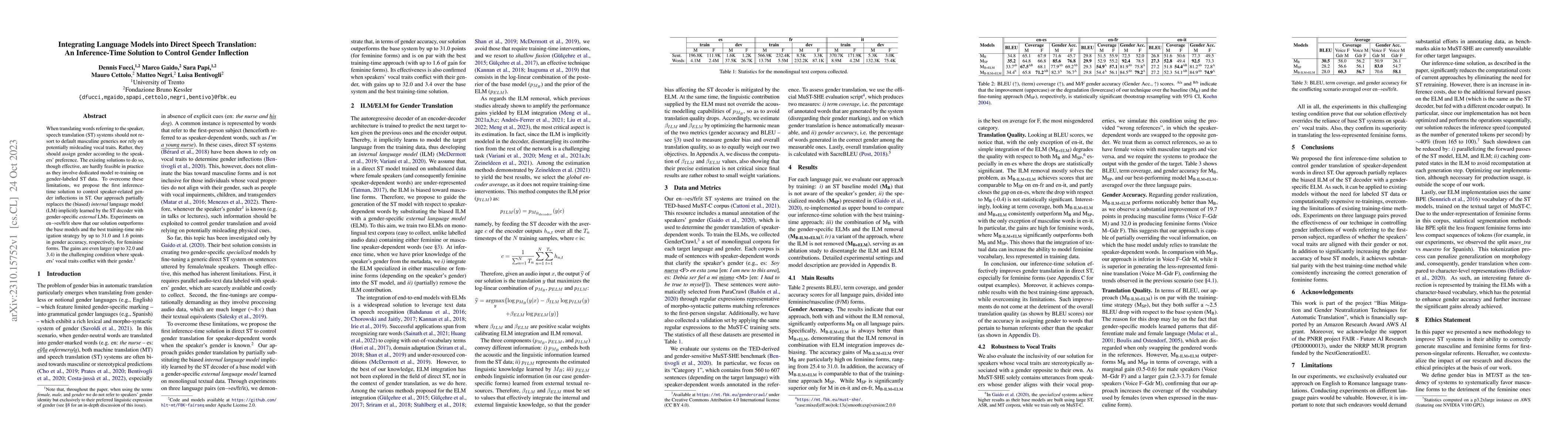 Thumbnail for Integrating Language Models into Direct Speech Translation: An
  Inference-Time Solution to Control Gender Inflection
