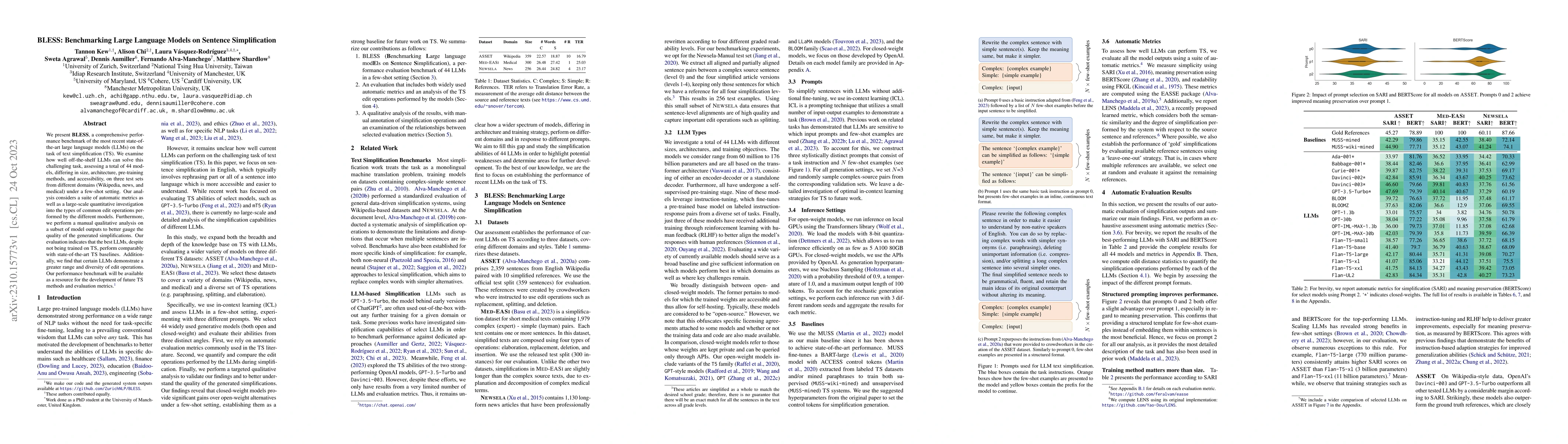 Thumbnail for BLESS: Benchmarking Large Language Models on Sentence Simplification