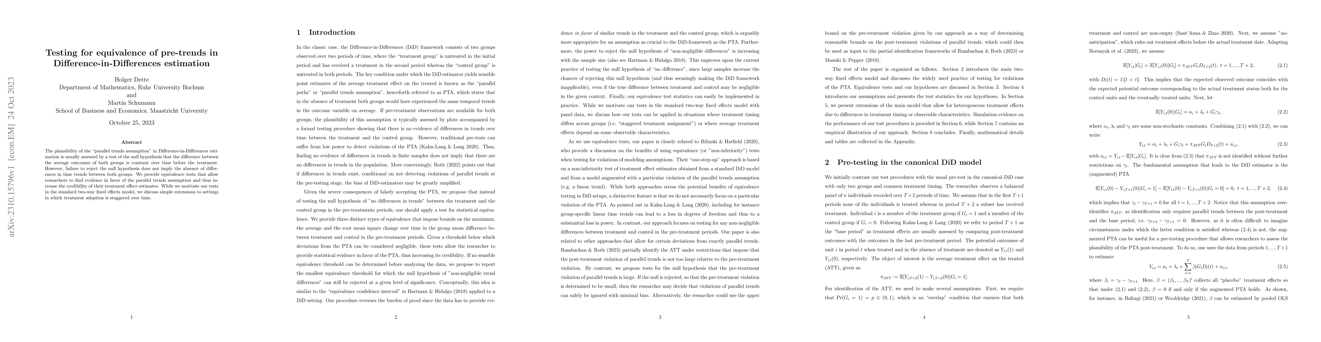 Thumbnail for Testing for equivalence of pre-trends in Difference-in-Differences
  estimation