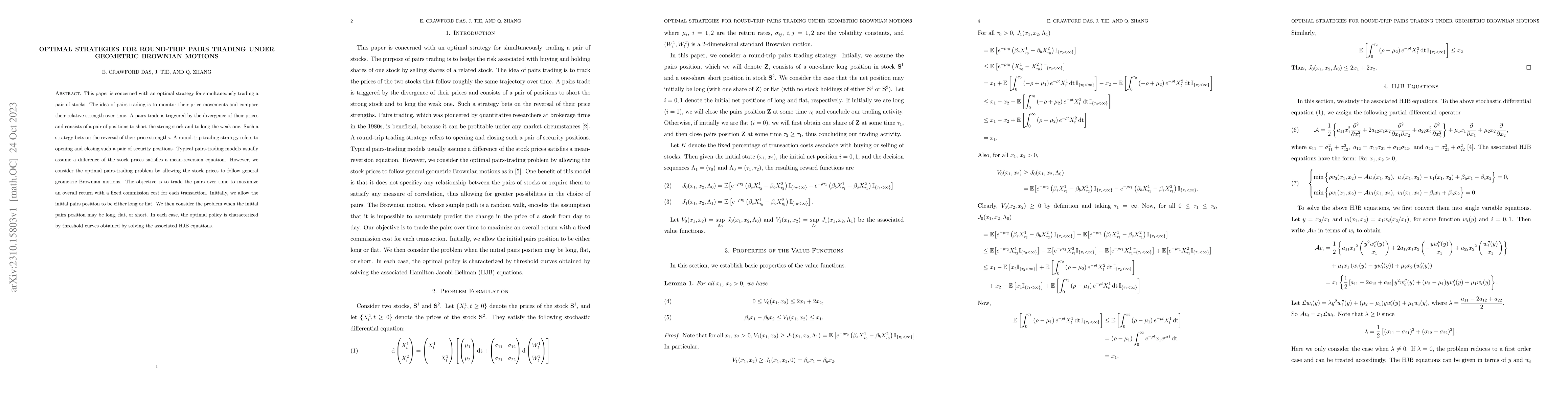 Thumbnail for Optimal Strategies for Round-Trip Pairs Trading Under Geometric Brownian
  Motions