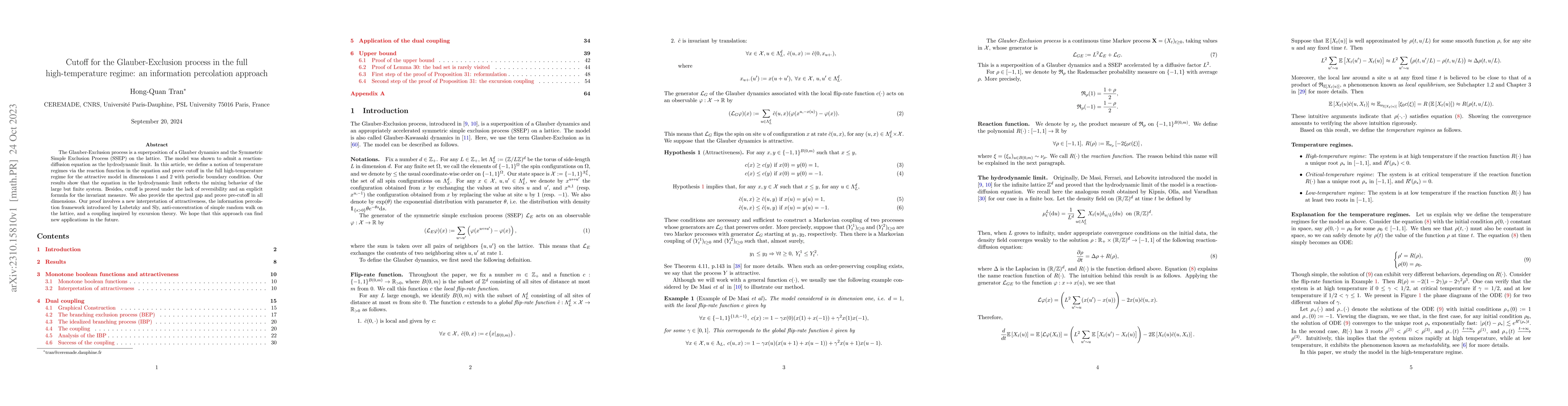 Thumbnail for Cutoff for the Glauber-Exclusion process in the full high-temperature
  regime: an information percolation approach