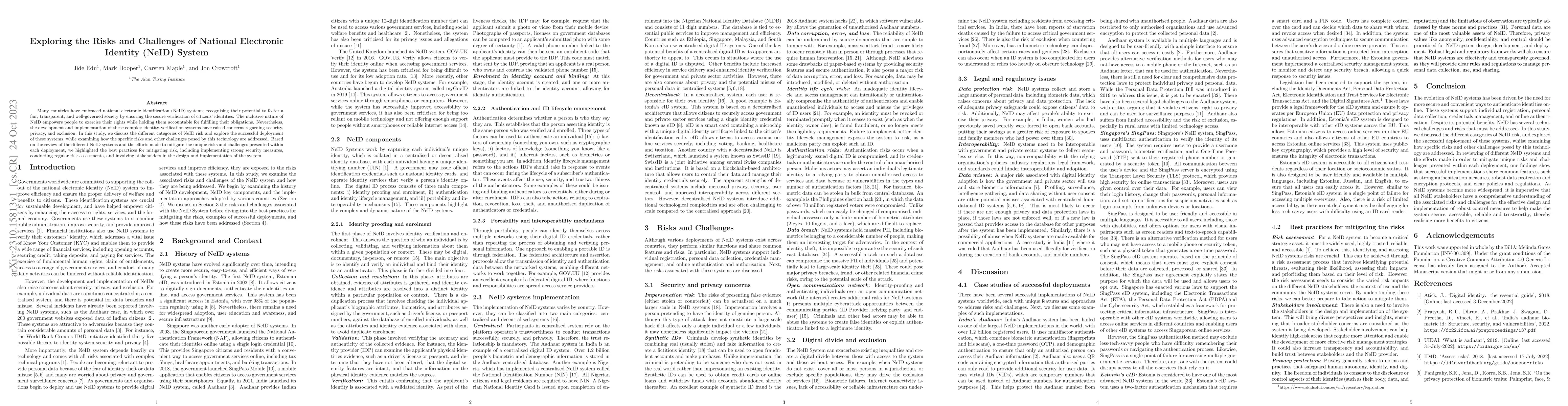 Thumbnail for Exploring the Risks and Challenges of National Electronic Identity
  (NeID) System