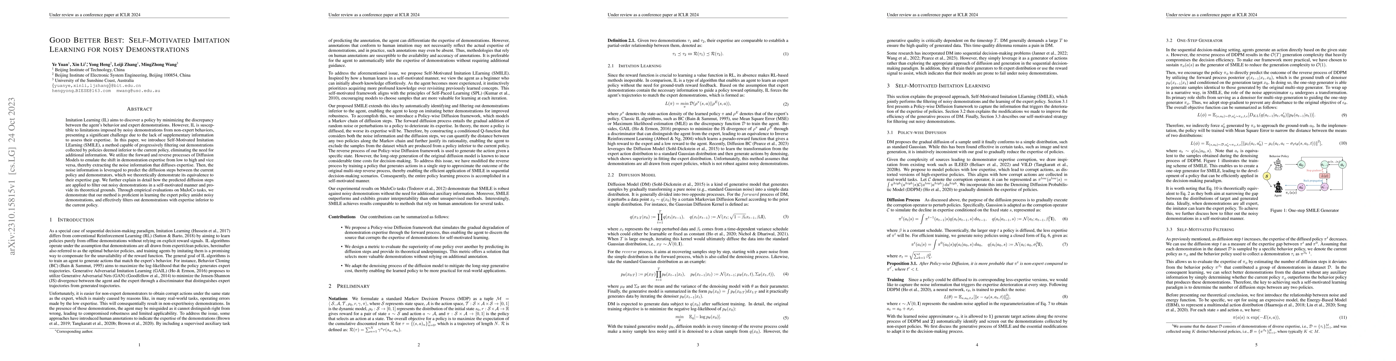 Thumbnail for Good Better Best: Self-Motivated Imitation Learning for noisy
  Demonstrations