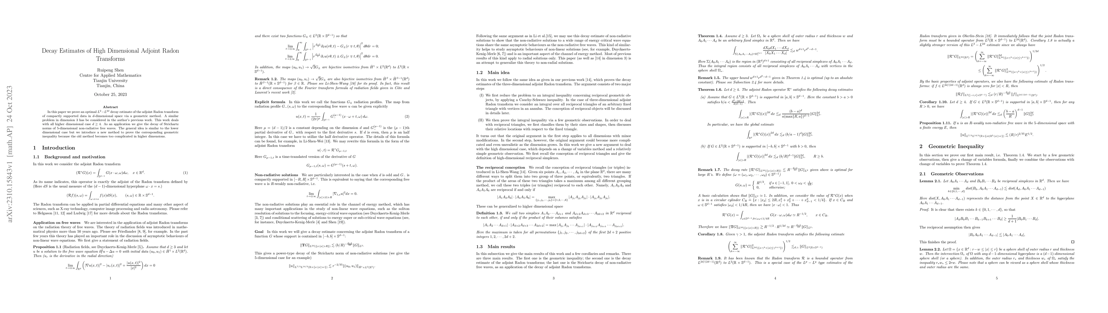 Thumbnail for Decay Estimates of High Dimensional Adjoint Radon Transforms