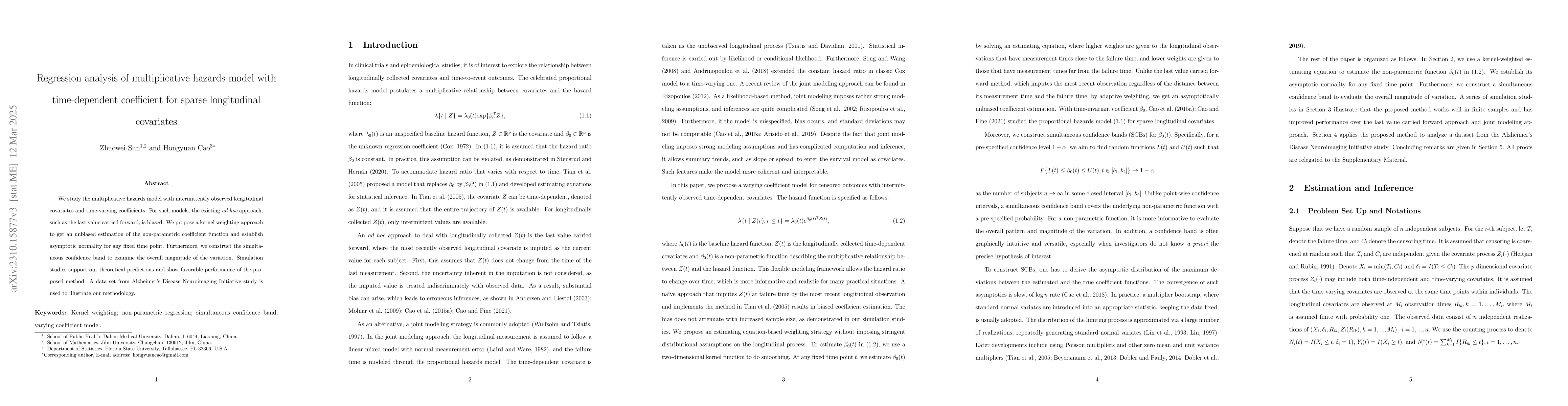Thumbnail for Regression analysis of multiplicative hazards model with time-dependent
  coefficient for sparse longitudinal covariates