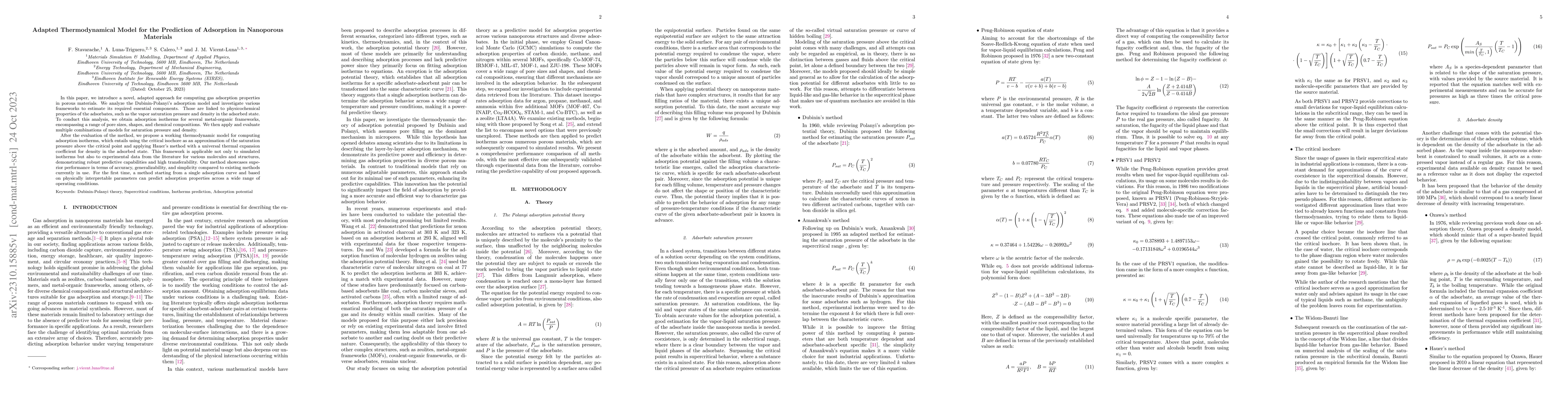 Thumbnail for Adapted Thermodynamical Model for the Prediction of Adsorption in
  Nanoporous Materials