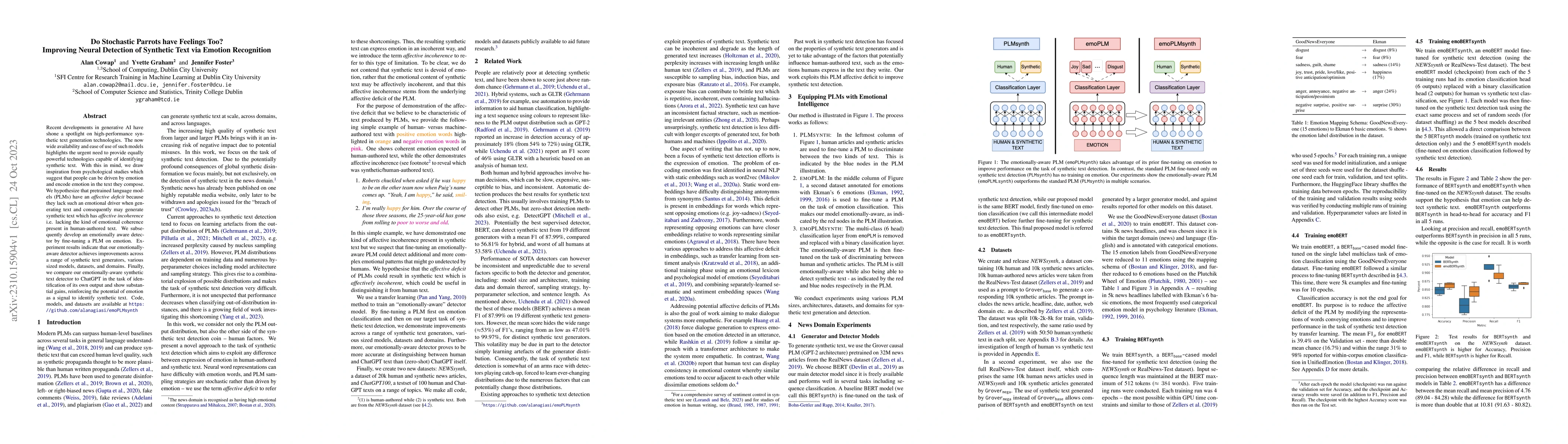 Thumbnail for Do Stochastic Parrots have Feelings Too? Improving Neural Detection of
  Synthetic Text via Emotion Recognition