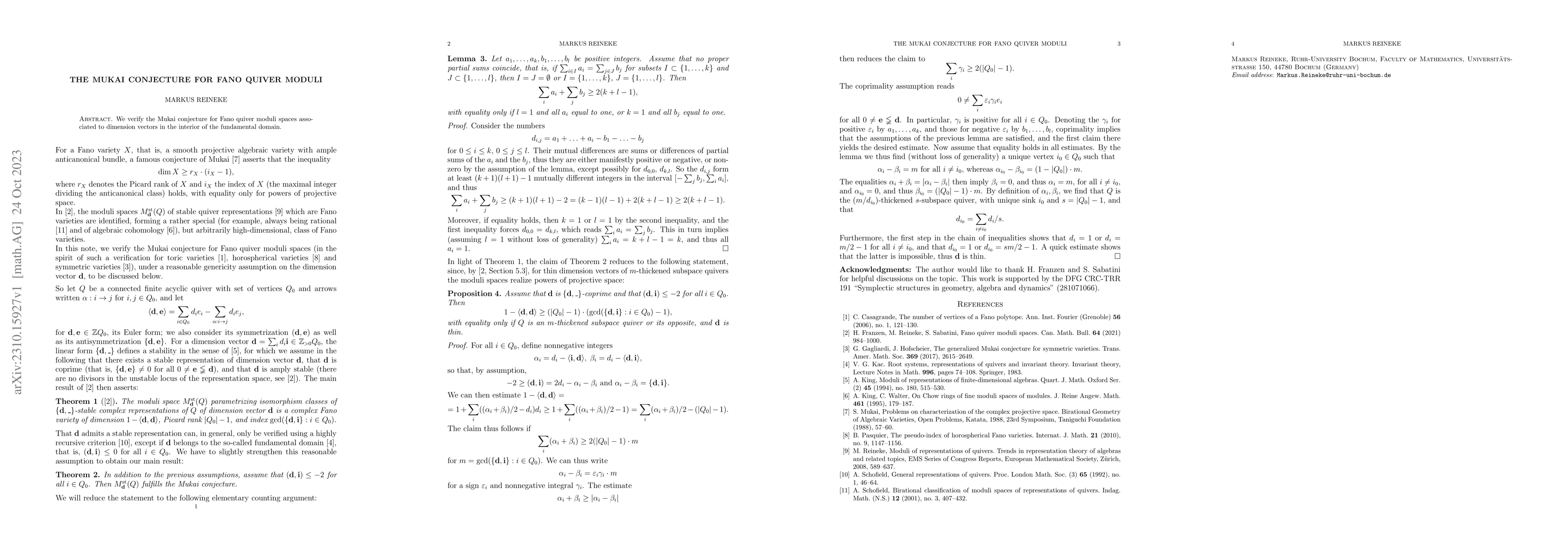 Thumbnail for The Mukai conjecture for Fano quiver moduli